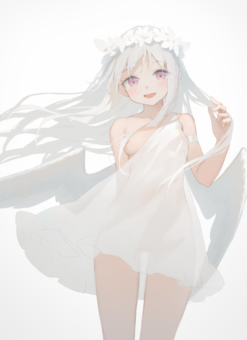 1girl :d absurdres areola_slip areolae armlet breasts dress flower_wreath grey_hair hair_censor hair_over_breasts head_wreath highres long_hair one_breast_out open_mouth original purple_eyes see-through_silhouette sidelocks simple_background small_breasts smile solo very_long_hair white_dress wings yuri_shoutu