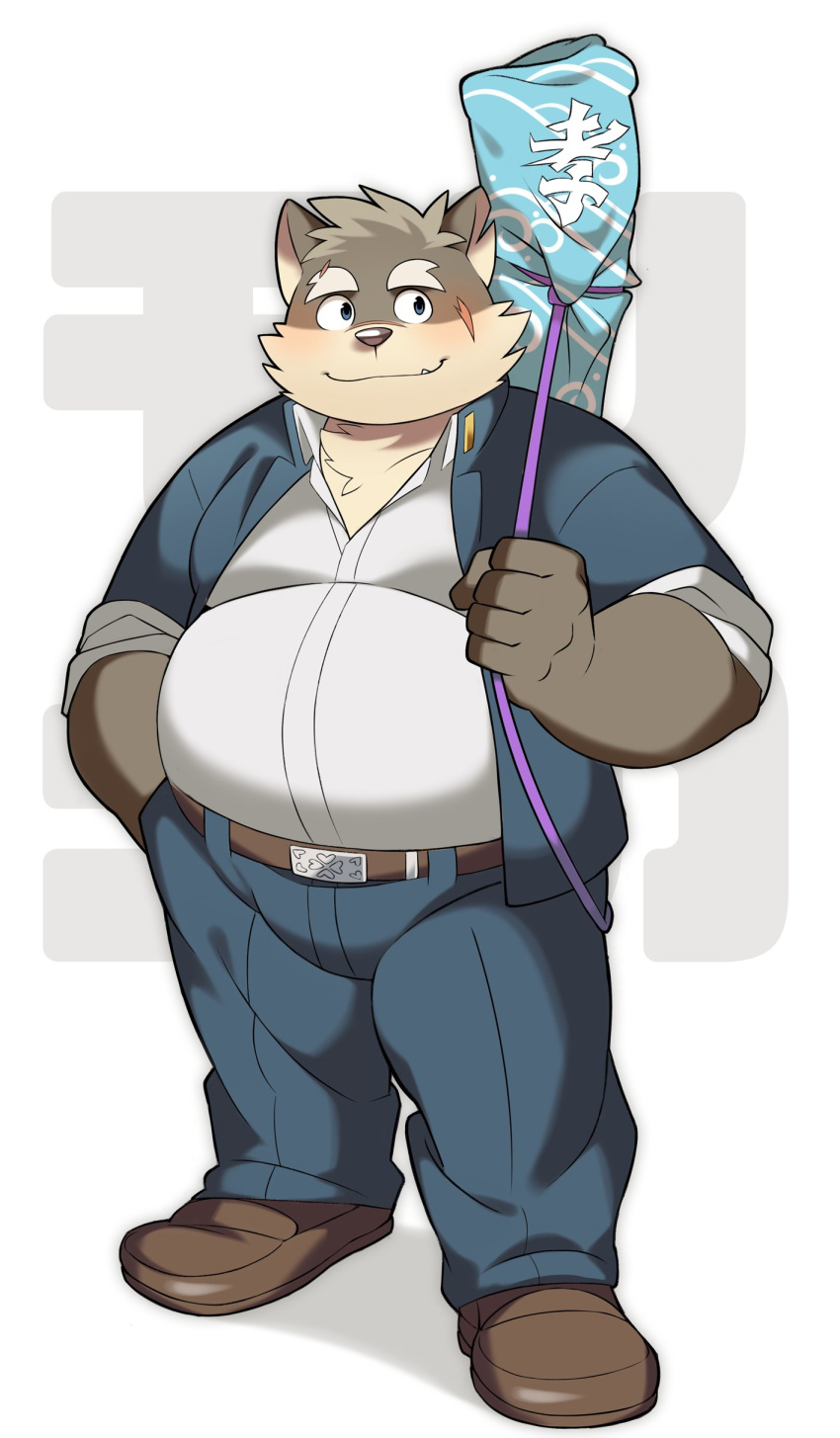 2020 absurd_res anthro bakedanooki belly blush bottomwear canid canine canis clothing domestic_dog hi_res japanese_text male mammal moritaka overweight overweight_anthro overweight_male pants scar shirt simple_background solo text tokyo_afterschool_summoners topwear video_games white_background