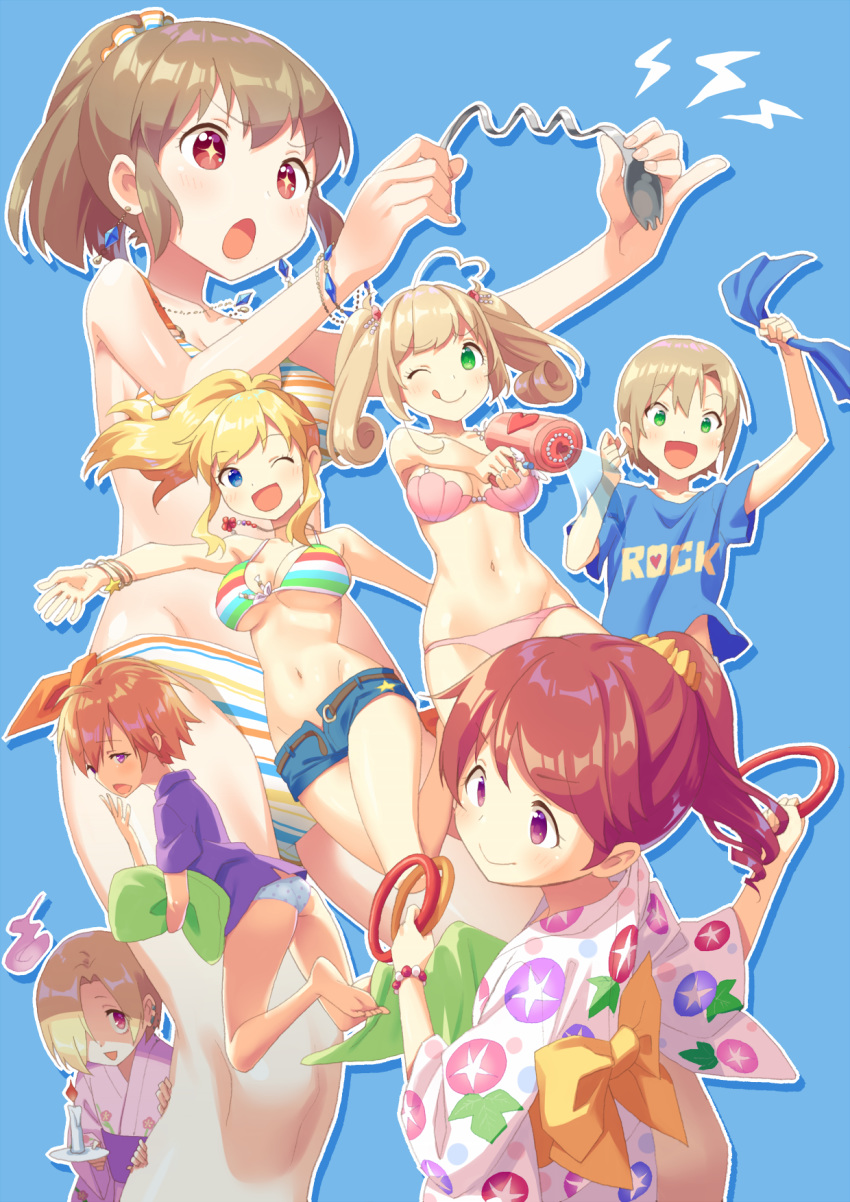 +_+ 6+girls :d ;q bangs barefoot bikini bikini_top blonde_hair blue_background blue_eyes blue_shirt blue_shorts blush bow breasts brown_hair bvj cleavage closed_mouth commentary_request eyelashes fingernails green_eyes highres holding hori_yuuko idolmaster idolmaster_cinderella_girls jewelry multiple_girls necklace ninomiya_asuka one_eye_closed ootsuki_yui open_mouth panties pink_bikini purple_shirt satou_shin shiina_noriko shirasaka_koume shirt short_hair short_shorts short_sleeves shorts smile soles striped striped_bikini swimsuit tada_riina toes tongue tongue_out underwear yellow_bow