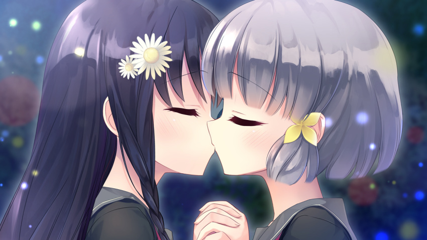 2girls black_hair blush braids close flowers game_cg gray_hair headdress hiraoka_mutsuki kamitsure_~7_no_nijou_fushigi~ kiss long_hair mizuki_kotora school_uniform short_hair shoujo_ai twintails yurigaoka_nanami