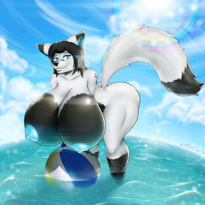 1:1 android anthro ball beach_ball bent_over big_breasts blue_eyes breasts canid canine chromatic_aberration cloud female fox glowing glowing_nipples hi_res huge_breasts hyper hyper_breasts inner_ear_fluff lens_flare machine mammal nipples nude presenting presenting_breasts robot sockhungryclutz solo tuft water