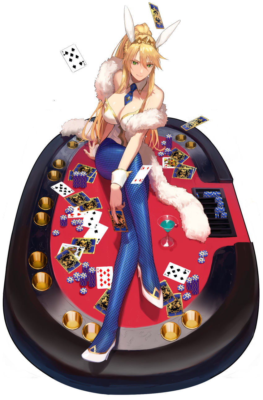 1girl animal_ears artoria_pendragon_(all) artoria_pendragon_(swimsuit_ruler)_(fate) bangs bare_shoulders between_breasts blonde_hair blue_legwear blue_neckwear braid breasts bunny_ears bunny_girl bunnysuit card casino_card_table cleavage cocktail_glass crossed_legs cup detached_collar drinking_glass fate/grand_order fate_(series) feather_boa fishnet_legwear fishnets french_braid green_eyes hair_between_eyes highleg highleg_leotard highres holding holding_card large_breasts leotard long_hair looking_at_viewer martini playing_card poker_chip poker_table ponytail sidelocks sitting smile solo tiara white_footwear white_leotard wrist_cuffs zonotaida