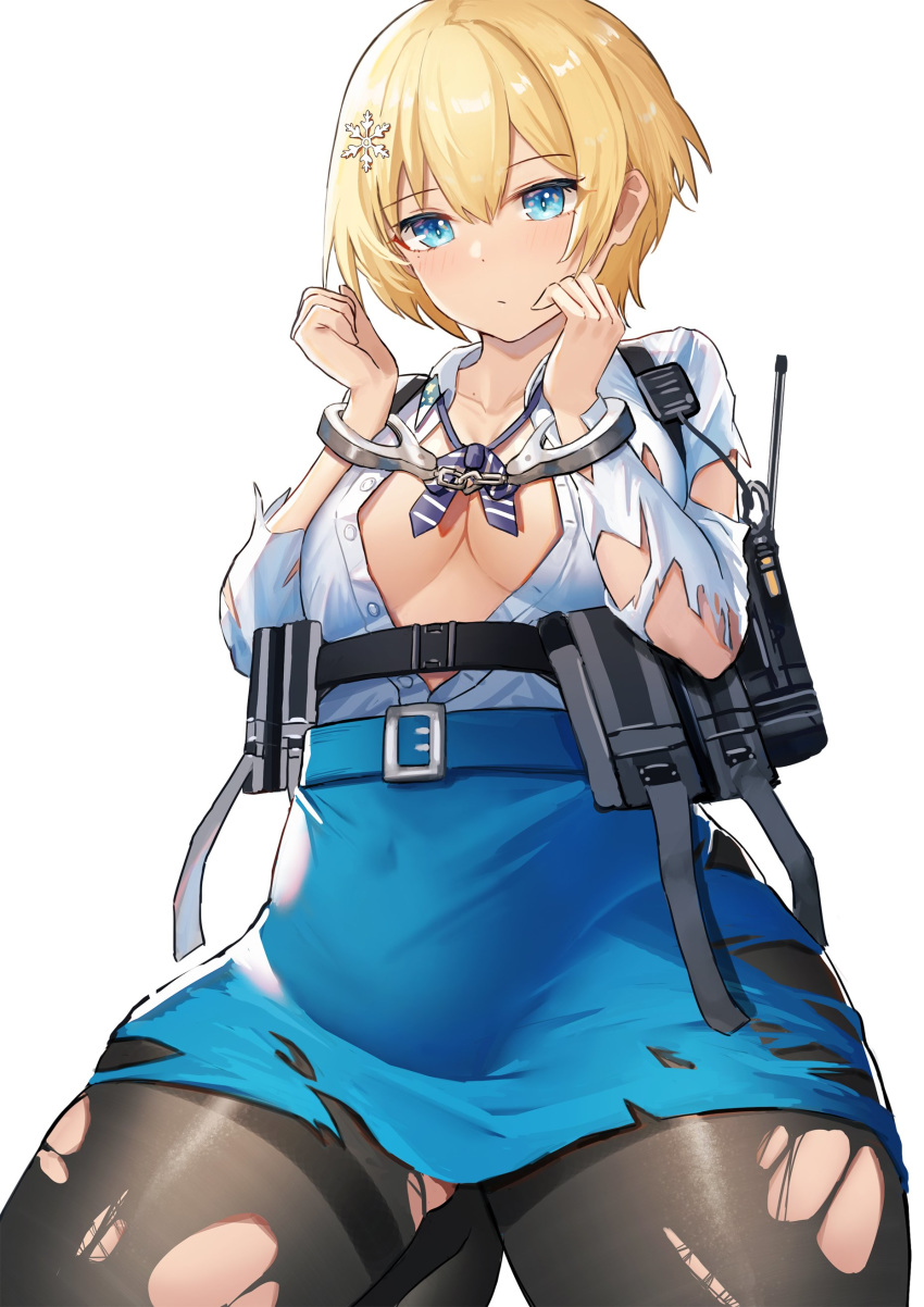 1girl absurdres aer7o bdsm belt black_legwear blonde_hair blue_belt blue_eyes blue_skirt blush bondage bound breasts closed_mouth cuffs girls_frontline hair_ornament handcuffs highres large_breasts long_sleeves pantyhose short_hair skirt snowflake_hair_ornament solo taut_skirt torn_clothes torn_legwear vsk-94_(girls_frontline)