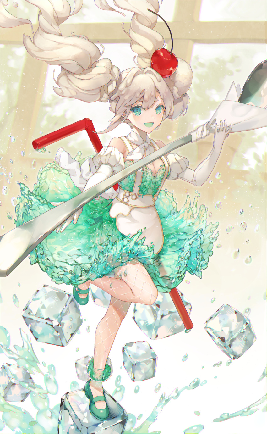 1girl apron aqua_eyes bangs bare_shoulders bendy_straw breasts cherry chromatic_aberration cleavage commentary_request cream drinking_straw elbow_gloves fishnet_legwear fishnets floating_hair food fruit full_body gloves green_footwear green_skirt highres holding ice ice_cream ice_cream_float ice_cube liquid_clothes long_hair looking_at_viewer mary_janes minigirl niwako original personification see-through see-through_skirt shoes skirt solo spoon standing standing_on_one_leg twintails white_apron white_gloves