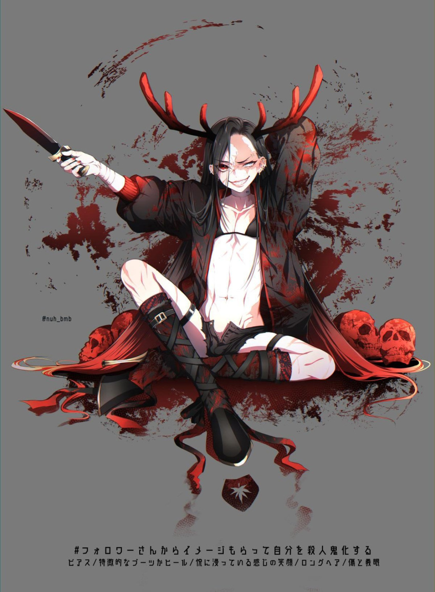 androgynous antlers arm_up black_hair black_jacket black_shorts blood blood_splatter boots burn choker collarbone ear_piercing gradient_hair grey_background grin heterochromia high_heel_boots high_heels highres holding holding_knife jacket knee_boots knife long_hair looking_at_viewer morino_bambi multicolored_hair navel piercing pile_of_skulls red_hair red_nails scar sharp_teeth shorts sitting smile teeth twitter_username unzipped very_long_hair