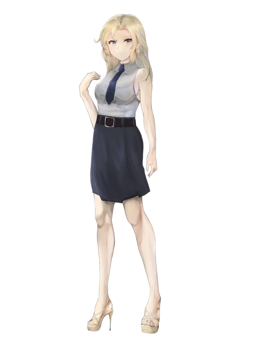 1girl bare_legs belt black_belt black_neckwear black_skirt blonde_hair breasts commentary_request dress_shirt full_body grey_eyes high_heels highres hornet_(kantai_collection) kantai_collection large_breasts ld long_hair looking_at_viewer necktie open_toe_shoes pencil_skirt shirt simple_background skirt sleeveless sleeveless_shirt solo white_background white_footwear white_shirt