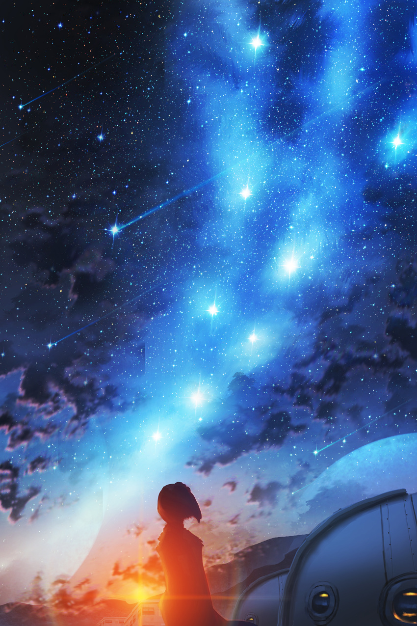 1other absurdres cloud cloudy_sky commentary_request highres kenzo_093 looking_up mountainous_horizon night night_sky original red_sky scenery short_hair sky star_(sky) starry_sky sunlight sunset