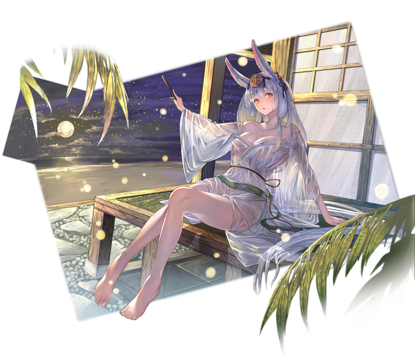 1girl absurdres animal_ears bangs bare_legs barefoot blunt_bangs breasts bunny_ears cleavage collarbone fan full_body full_moon granblue_fantasy hair_ornament highres huge_filesize japanese_clothes kaguya_(granblue_fantasy) kimono large_breasts lavender_hair long_hair looking_at_viewer moon night night_sky occa-key open_mouth paper_fan red_eyes see-through short_kimono short_yukata sitting sky solo star_(sky) starry_sky yukata
