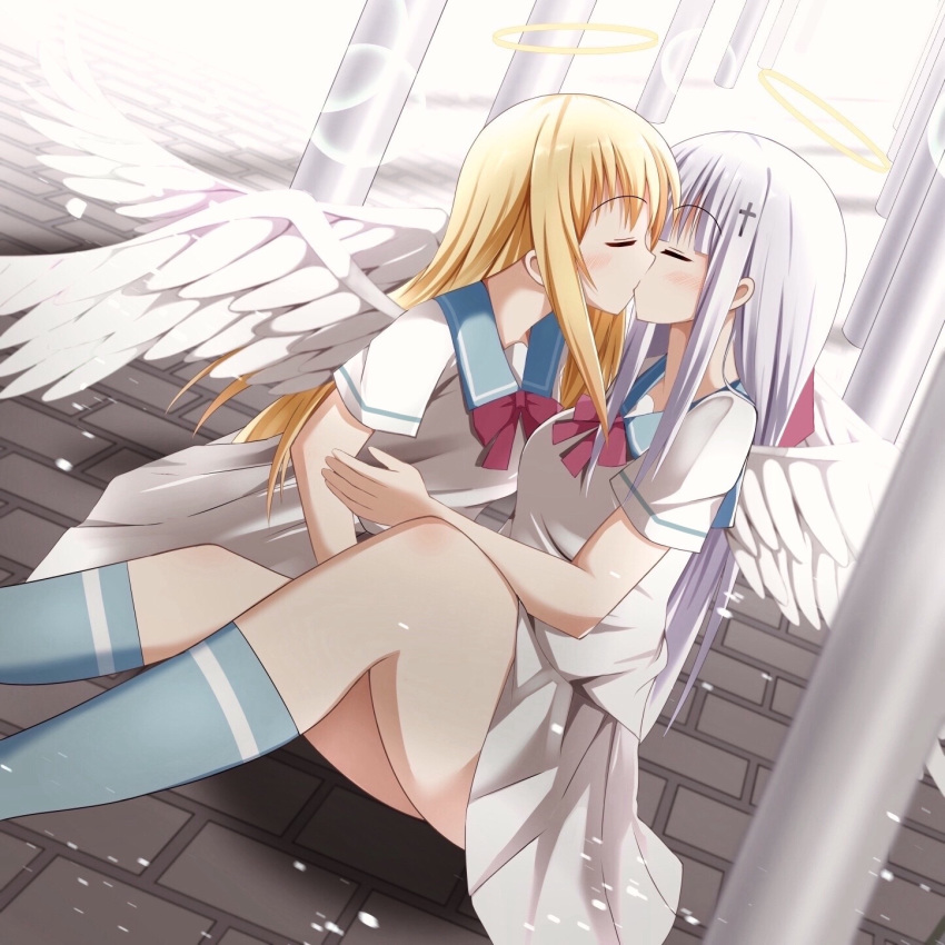 2girls angel angel_wings blonde_hair blue_legwear blush breasts closed_eyes cross_hair_ornament dress eyebrows_visible_through_hair gabriel_dropout hair_ornament halo highres kiss large_breasts long_hair multiple_girls neckerchief red_neckwear sailor_dress shiny shiny_hair shiraha_raphiel_ainsworth skirt sure_ibu tenma_gabriel_white thighhighs white_hair white_skirt wings yuri