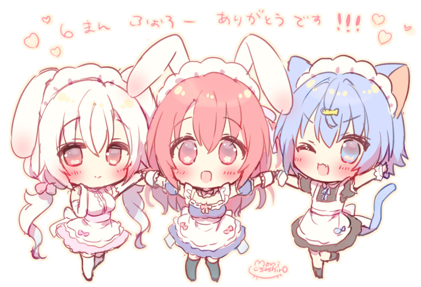 3girls :d ;d animal_ears bangs bare_shoulders black_dress black_legwear blue_dress blue_eyes blue_hair blush breasts bunny_ears cat_ears cat_girl cat_tail chibi commentary_request dress elbow_gloves eyebrows_visible_through_hair fang fish_hair_ornament gloves hair_between_eyes hair_ornament holding_hands long_hair low_twintails maid_headdress medium_breasts multiple_girls one_eye_closed onka open_mouth original puffy_short_sleeves puffy_sleeves red_eyes red_hair sakura_(usashiro_mani) shirt short_sleeves signature simple_background sleeveless sleeveless_dress sleeveless_shirt smile socks standing standing_on_one_leg star_(symbol) star_in_eye symbol_in_eye tail thighhighs translation_request twintails usashiro_mani very_long_hair white_background white_gloves white_hair white_legwear white_shirt wrist_cuffs