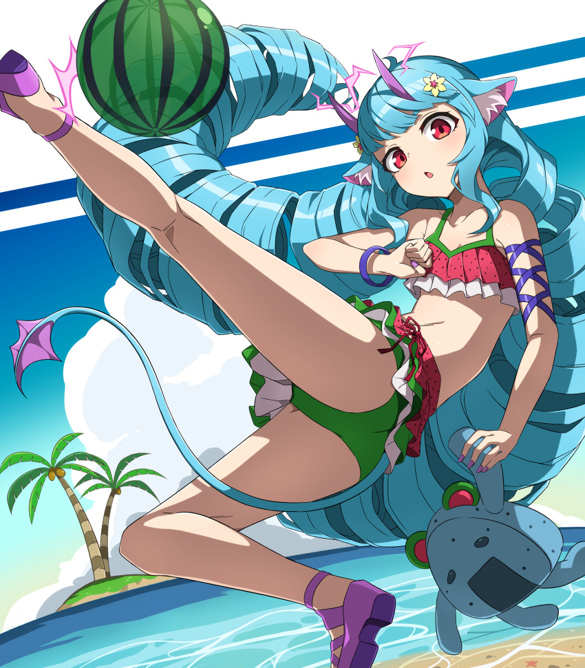 1-4daithi 1girl :o absurdres animal_ear_fluff animal_ears bangs beach bikini blue_hair blush delmin_(show_by_rock!!) drill_hair eyebrows_visible_through_hair food_print hair_ornament highres horns island kneepits long_hair looking_at_viewer ocean open_mouth red_eyes ribbon show_by_rock!! sleeveless solo strawberry_print swimsuit tail very_long_hair