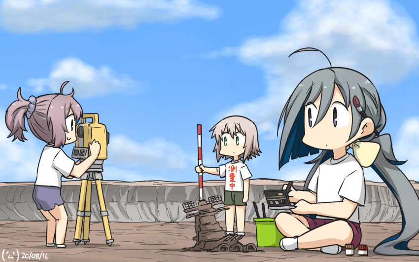 3girls ahoge alternate_costume aoba_(kantai_collection) blue_sky cloud commentary_request day green_eyes green_shorts grey_eyes grey_hair hair_between_eyes hair_bun hamu_koutarou highres indian_style jar kantai_collection kiyoshimo_(kantai_collection) low_twintails multiple_girls outdoors paintbrush pole ponytail purple_shorts rock sculpture shimushu_(kantai_collection) shirt short_hair shorts silver_hair sitting sky t-shirt theodolite twintails white_shirt