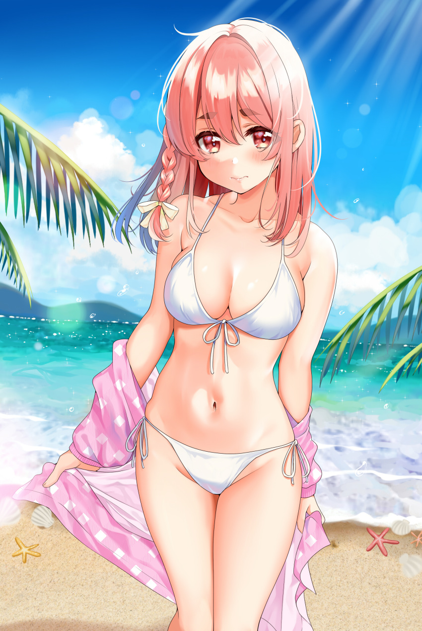 1girl absurdres alternate_costume bangs bare_shoulders beach bikini blue_sky blush braid breasts cleavage collarbone commentary_request cowboy_shot day front-tie_bikini front-tie_top hair_ribbon halterneck highres horizon jacket kanojo_okarishimasu looking_at_viewer medium_breasts mountainous_horizon navel off_shoulder outdoors palm_tree pink_jacket piyopoyo red_eyes red_hair ribbon sakurasawa_sumi sand shell side-tie_bikini single_braid sky solo starfish stomach string_bikini swimsuit tree water wavy_mouth white_bikini