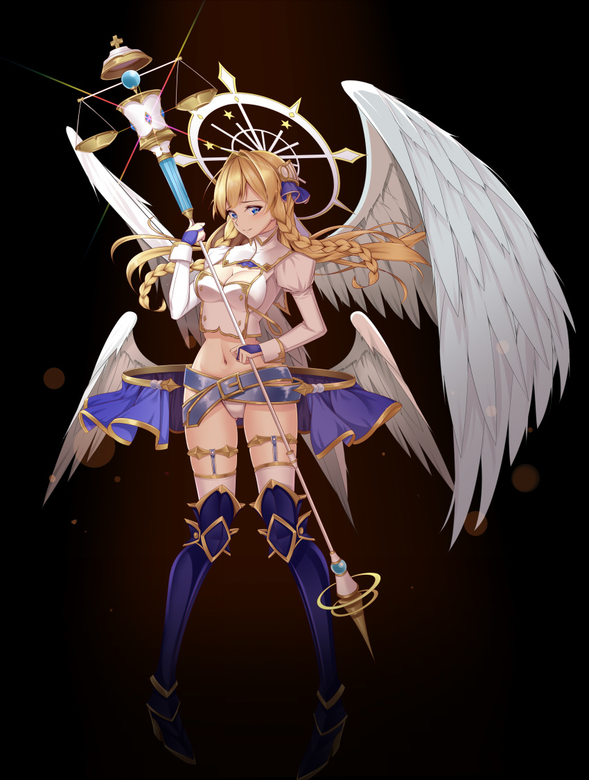1girl absurdres angel_wings anklet armored_boots aselica belt black_background blonde_hair blue_eyes blue_footwear boots braid breasts cleavage crop_top feathered_wings floating_hair full_body gradient gradient_background hair_ornament halo highres holding jewelry juliet_sleeves king's_raid koyaya libra long_hair long_sleeves looking_at_viewer medium_breasts midriff navel panties puffy_sleeves revealing_clothes shirt smile solo staff stomach thigh_boots thighhighs thighs twin_braids underwear white_panties white_shirt wings