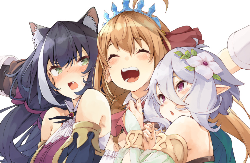 3girls ^_^ ^o^ ahoge animal_ear_fluff animal_ears ascot black_hair blonde_hair blush breasts brooch cat_ears closed_eyes detached_sleeves dress embarrassed eyebrows_visible_through_hair fang flower green_eyes hair_between_eyes hair_flower hair_ornament hair_ribbon hairband hug hug_from_behind iwasaki_takashi jewelry karyl_(princess_connect!) kokkoro_(princess_connect!) lavender_hair long_hair looking_at_another medium_breasts multicolored_hair multiple_girls open_mouth outstretched_arms pecorine pointy_ears princess_connect! princess_connect!_re:dive purple_eyes red_neckwear ribbon short_hair silver_hair simple_background smile spiked_hairband spikes streaked_hair two-tone_hair upper_body white_background