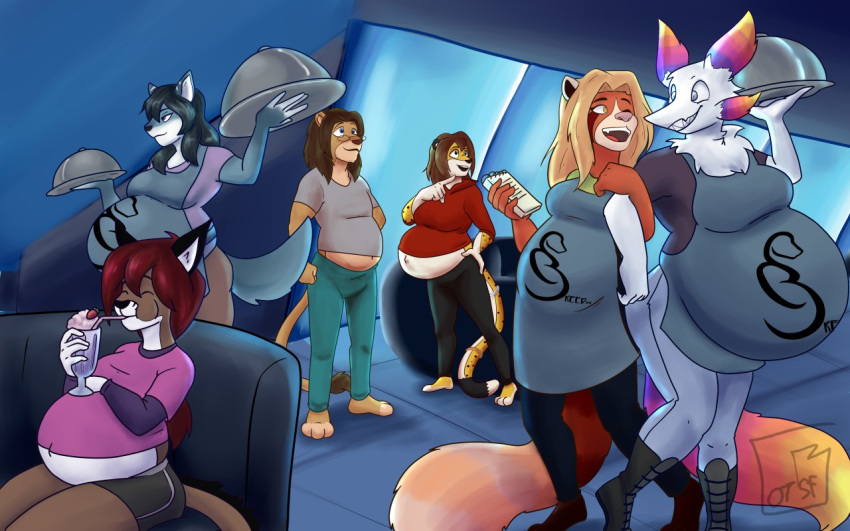 16:10 ailurid anthro belly big_belly breasts canid canine canis cheetah clothed clothing felid feline female group hyper hyper_belly lion mammal milkshake pantherine pregnant randomgirl1265 red_panda widescreen wolf