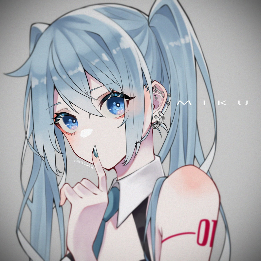 1girl aqua_nails aqua_neckwear bare_shoulders blue_eyes blue_hair character_name finger_to_mouth grey_background hatsune_miku highres index_finger_raised kazuna_(kazzzuna) long_hair nail_polish necktie portrait shoulder_tattoo solo tattoo twintails vignetting vocaloid