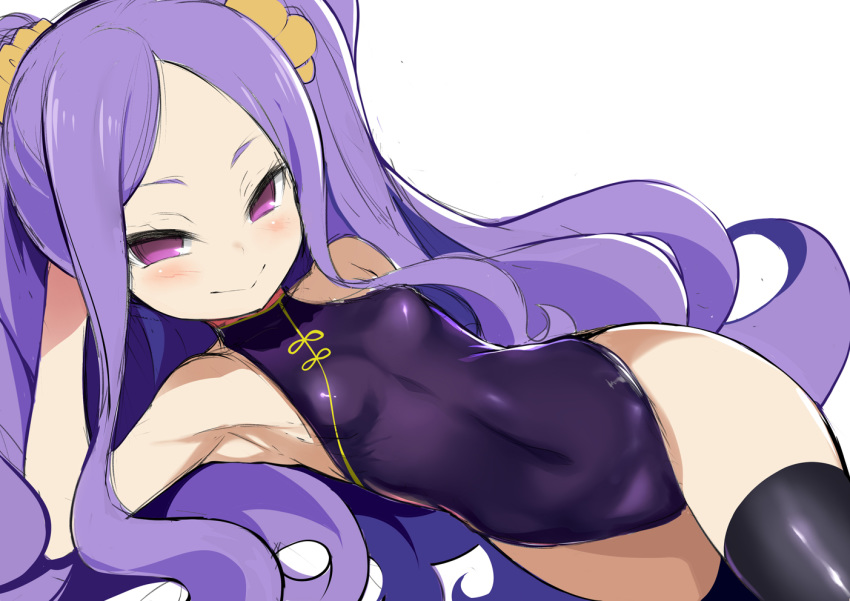 1girl bangs bare_shoulders black_legwear blush breasts covered_navel fate/grand_order fate_(series) forehead hair_ornament hair_scrunchie long_hair looking_at_viewer one-piece_swimsuit parted_bangs purple_eyes purple_hair purple_swimsuit scrunchie shimejinameko simple_background small_breasts smile swimsuit thighhighs thighs very_long_hair white_background wu_zetian_(fate/grand_order) yellow_scrunchie