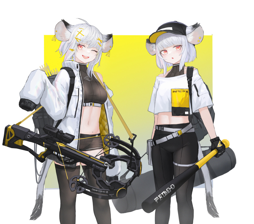 2girls absurdres animal_ears arrow_(projectile) bangs baseball_bat baseball_cap belt black_legwear blunt_bangs border bow_(weapon) breasts cow_ears cow_tail crop_top crossbow crossbow_bolts earrings gradient gradient_background hair_ornament hairclip hat highres huge_filesize jacket jewelry kasagarasu looking_at_viewer medium_breasts midriff multiple_girls navel one_eye_closed open_clothes open_jacket open_mouth original red_eyes short_shorts shorts sleeves_past_wrists tail thighhighs weapon white_border white_hair