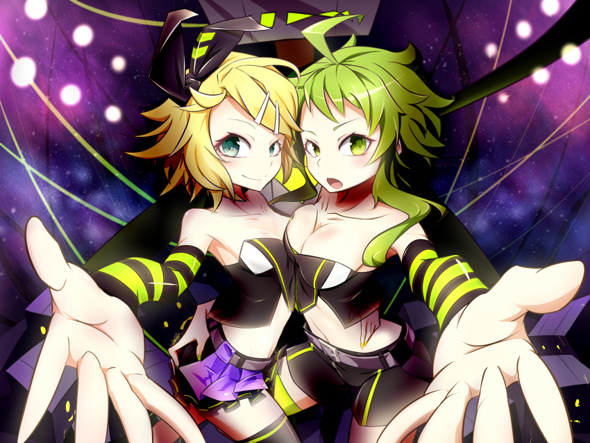 2girls ass_grab asymmetrical_docking bingshan black_bow black_skirt blonde_hair blue_eyes bow breast_press breasts chinese_commentary cleavage commentary cowlick green_eyes green_hair gumi hair_bow hand_on_another's_hip highres kagamine_rin looking_to_the_side luvoratorrrrry!_(vocaloid) medium_breasts midriff multiple_girls navel outstretched_arm short_hair short_shorts shorts skirt small_breasts vocaloid