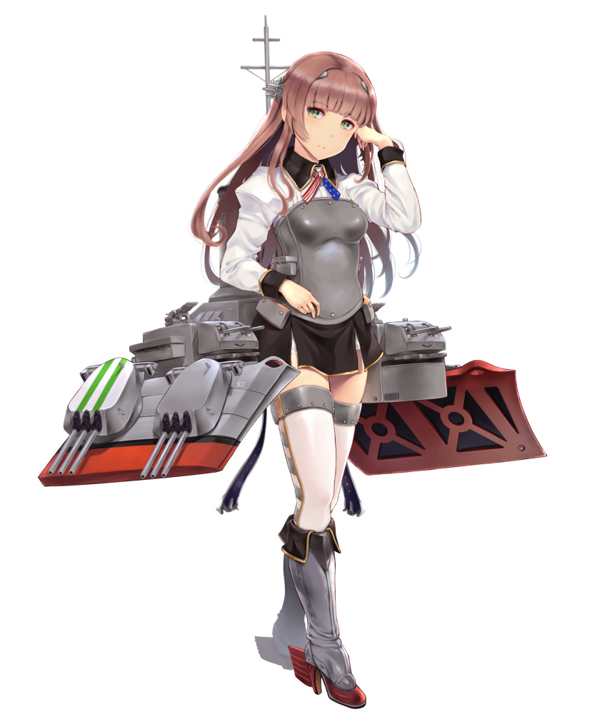 1girl american_flag american_flag_neckwear american_flag_print bangs black_skirt blunt_bangs blush brown_hair closed_mouth eyebrows_visible_through_hair flag_print full_body green_eyes helena_(kantai_collection) highres juliet_sleeves kantai_collection light_smile long_hair long_sleeves machinery neck_ribbon puffy_sleeves ribbon rigging shirt simple_background skirt smokestack solo thighhighs turret wa_(genryusui) white_background white_legwear white_shirt