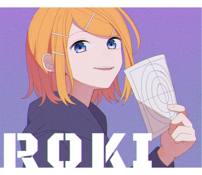 1girl bangs blonde_hair commentary hair_ornament hairclip haru_no_no highres holding holding_paper hood hoodie kagamine_rin looking_at_viewer open_mouth paper portrait purple_background purple_eyes purple_hoodie roki_(vocaloid) short_hair smile solo swept_bangs target vocaloid