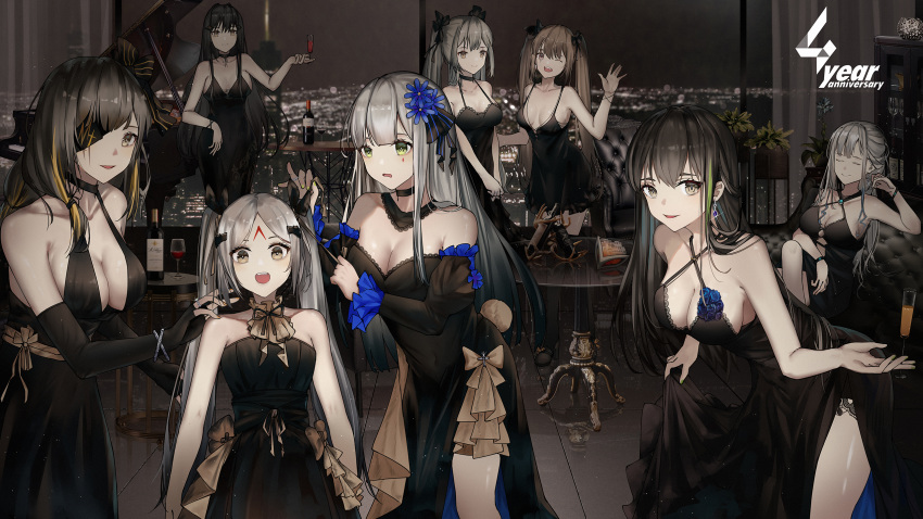 ak12_(girls_frontline) anthropomorphism black_hair breasts brown_hair building choker city cleavage dress elbow_gloves elisa_(girls_frontline) eyepatch flowers girls_frontline gloves gray_eyes gray_hair green_eyes group headdress hk416_(girls_frontline) instrument long_hair m16a1_(girls_frontline) m4a1_(girls_frontline) piano twintails ump-45_(girls_frontline) ump-9_(girls_frontline) wink yuuki_mix