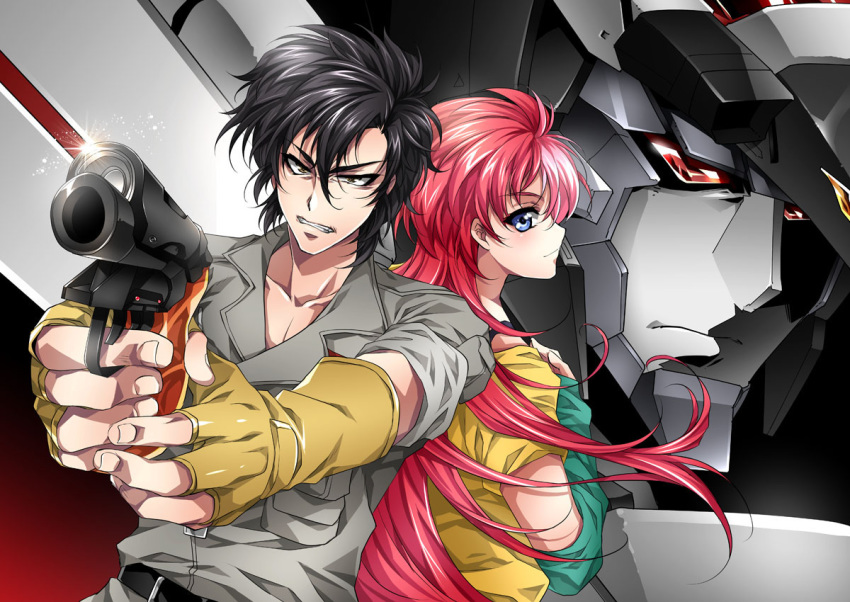 1boy 1girl aiming black_hair blue_eyes brown_eyes brown_gloves choujuu_kishin_dancouga clenched_teeth close-up dancouga detached_sleeves fingerless_gloves fujiwara_shinobu gloves gun hand_on_own_chest holding holding_gun holding_weapon long_hair looking_back mecha military military_uniform red_eyes red_hair shapiro super_robot teeth uniform v-shaped_eyebrows weapon yuki_sara