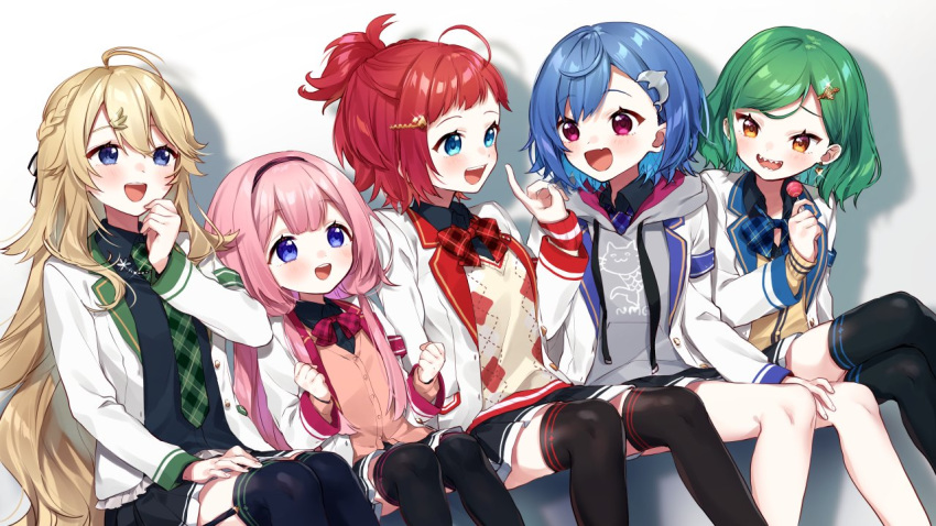 5girls :d ahoge asahina_akane_(nijisanji) bangs black_legwear black_shirt black_skirt blazer blonde_hair blue_bow blue_eyes blue_hair blush bow brown_cardigan brown_eyes cardigan collared_shirt commentary_request dolphin_hair_ornament drawstring dutch_angle eyebrows_visible_through_hair fang garter_straps green_hair green_neckwear grey_hoodie hair_between_eyes hair_ornament hairclip hand_up hood hood_down hoodie index_finger_raised jacket kitakouji_hisui long_hair long_sleeves multiple_girls necktie nijisanji nishizono_chigusa open_blazer open_clothes open_jacket open_mouth pink_hair plaid plaid_bow plaid_neckwear pleated_skirt ponytail purple_bow purple_eyes red_bow red_hair sharp_teeth shirt sitting skirt sleeves_past_wrists smile suou_sango sweater_vest swept_bangs teeth thighhighs toudou_kohaku very_long_hair virtual_youtuber white_jacket yamabukiiro