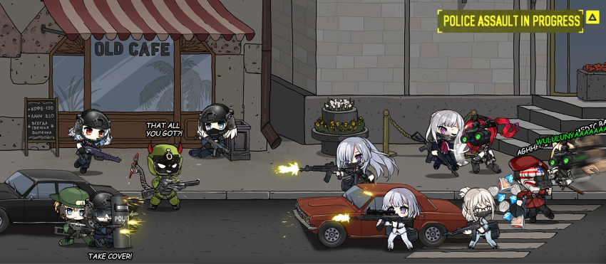 1boy 6+girls ak-12 ak-12_(girls_frontline) ak-15 ak-15_(girls_frontline) an-94 an-94_(girls_frontline) assault_rifle axe backwards_hat bag baseball_cap baton battle_axe beret body_armor bushman_idw cafe chibi clown_mask commander_(girls_frontline) core cz-75 cz-75_(girls_frontline) defy_(girls_frontline) demon_tail drop_kick duffel_bag english_text firing formal gas_mask gem girls_frontline glasses goggles grizzly_mkv grizzly_mkv_(girls_frontline) gun h&amp;k_mp5 handgun hat helmet highres idw_(girls_frontline) m870 m870_(girls_frontline) mask mechanical_tail mouth_mask mp5_(girls_frontline) multiple_girls necktie night_vision payday_(series) payday_2 police rifle riot_shield rpk-16 rpk-16_(girls_frontline) russian_text shotgun sniper_rifle spas-12 spas-12_(girls_frontline) submachine_gun suit swat tail the_mad_mimic token vsk-94 vsk-94_(girls_frontline) weapon