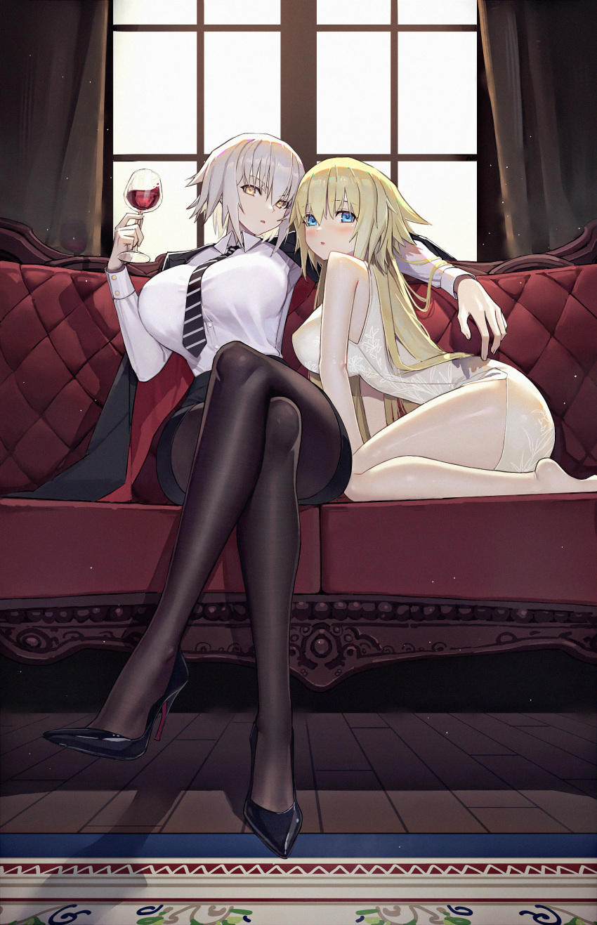 2girls absurdres alcohol bad_anatomy bad_proportions bangs bare_shoulders black_footwear black_jacket black_legwear black_skirt blonde_hair blue_eyes blush breasts cha_hou china_dress chinese_clothes collared_shirt couch crossed_legs cup curtains dress dress_shirt drinking_glass eyebrows_visible_through_hair fate/grand_order fate_(series) fine_fabric_emphasis high_heels highres holding holding_cup jacket jacket_on_shoulders jeanne_d'arc_(alter)_(fate) jeanne_d'arc_(fate) jeanne_d'arc_(fate)_(all) large_breasts long_hair looking_at_viewer miniskirt multiple_girls pale_skin pantyhose shirt short_hair side_slit silver_hair sitting skirt striped striped_neckwear white_shirt window wine_glass wooden_floor yellow_eyes