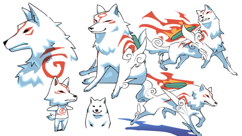 amaterasu animal apticho doubutsu_no_mori fire highres meme multiple_views no_humans ookami_(game) reflector_(ookami) simple_background weapon white_background white_wolf wolf