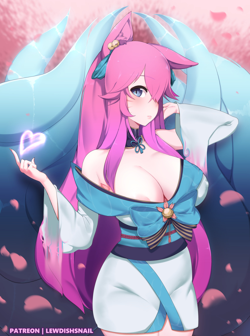 ahri animal_ears blue_eyes fox_ears fox_girl highres japanese_clothes league_of_legends lewdishsnail miko nipple_slip nipples pink_hair