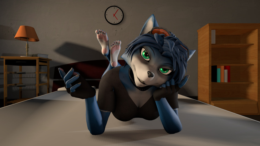 16:9 2020 3d_(artwork) anthro aviator_goggles bed bedroom bedroom_eyes blue_body blue_fur blue_hair canid canine clock clothing digital_media_(artwork) female fox fur furniture green_eyes hair hi_res hindpaw krystal lamp looking_at_viewer lying mammal mirasfm multicolored_body multicolored_fur narrowed_eyes nintendo on_front paws seductive shirt solo star_fox topwear video_games wall_clock white_body white_fur widescreen