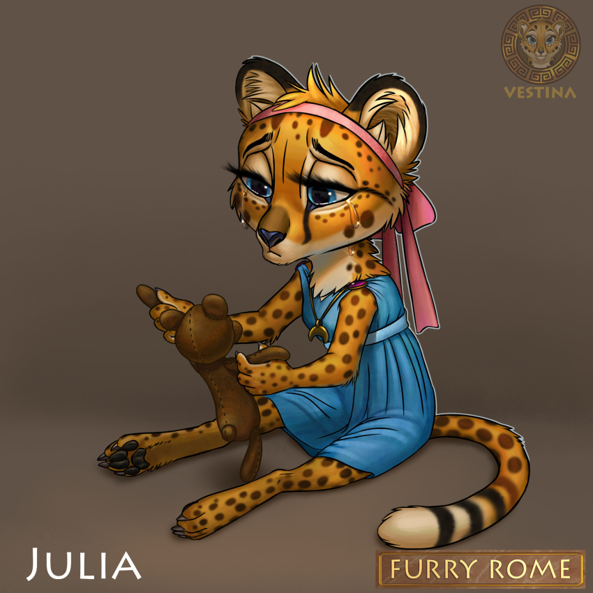 1:1 ancient_furry_art ancient_rome anthro blue_eyes bodily_fluids cheetah clothed clothing crying dress felid feline female fur furry_rome hi_res julia_(vestina) lunula mammal sad simple_background solo spots spotted_body spotted_fur spqr tears teddybear toy vestina yellow_body young