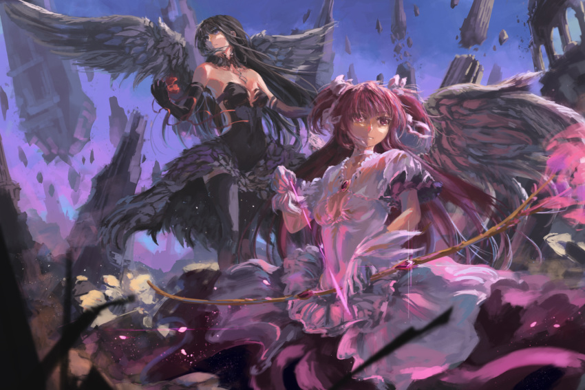 2girls akemi_homura akuma_homura angel_wings black_wings bow breasts cleavage dress feathered_wings hair_bow highres kaname_madoka long_hair looking_at_viewer mahou_shoujo_madoka_magica medium_hair multiple_girls open_mouth ribbon short_hair song_ren ultimate_madoka wings yuri