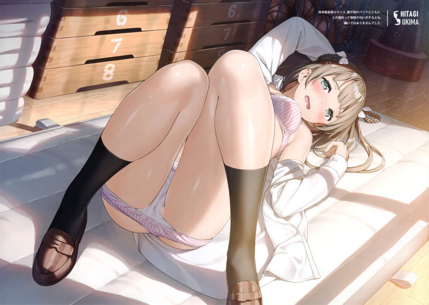 1girl absurdres aqua_eyes arm_up bangs basketball bikini black_legwear blush bow bra braid breasts brown_footwear brown_hair cone embarrassed gym_storeroom hair_bow highres huge_filesize kantoku kneehighs knees_up loafers long_hair long_sleeves looking_at_viewer lying mat medium_breasts nose_blush number on_back open_clothes open_mouth open_shirt original panties panty_pull pink_bra pink_panties scan shirt shoes solo striped swimsuit thighs underwear vaulting_horse vertical-striped_bikini vertical-striped_panties vertical_stripes wavy_mouth white_bow