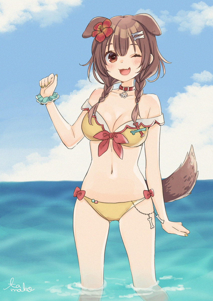 1girl :3 :d animal_ears ass_visible_through_thighs bikini blue_sky blush bone_hair_ornament braid breasts brown_eyes brown_hair cleavage cloud cloudy_sky collar day dog_ears dog_girl dog_tail fang flower hair_flower hair_ornament highres hololive inugami_korone long_hair looking_at_viewer mizutamako nail_polish navel one_eye_closed open_mouth scrunchie signature skin_fang sky smile solo standing swimsuit tail twin_braids virtual_youtuber wading water wrist_scrunchie yellow_bikini yellow_nails