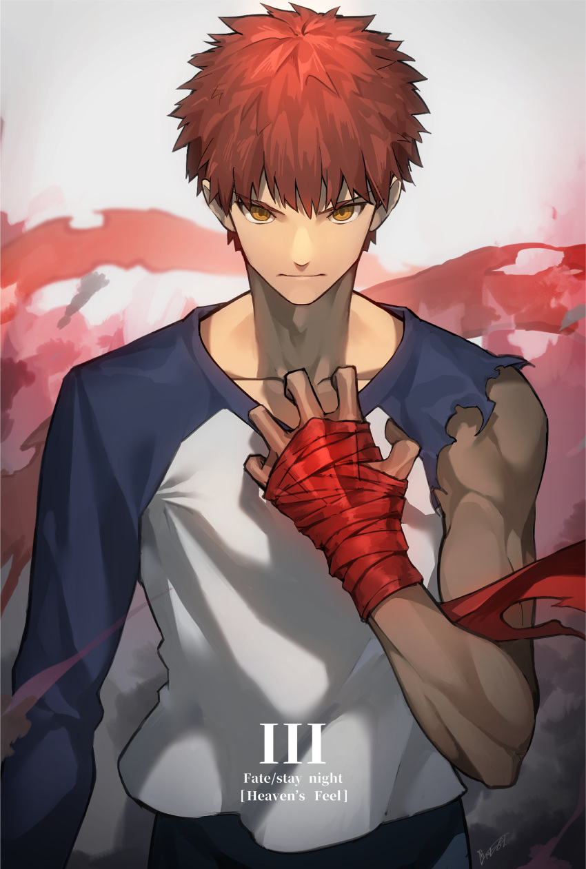 1boy absurdres bandaged_hand bangs closed_mouth collarbone commentary_request emiya_shirou fate/stay_night fate_(series) heaven's_feel highres kamonegi_(meisou1998) long_sleeves looking_at_viewer male_focus muscle raglan_sleeves red_hair serious shirt short_hair single_bare_shoulder solo torn_clothes upper_body yellow_eyes