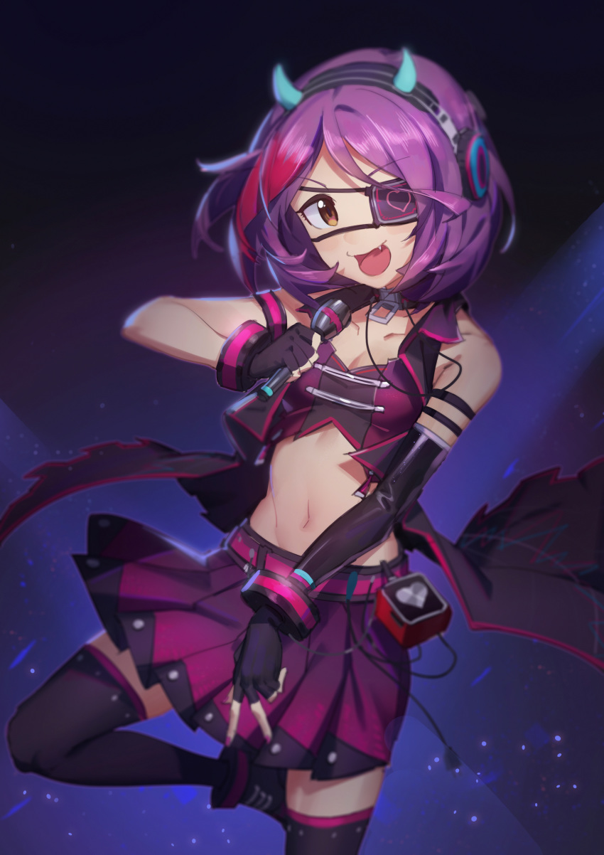 1girl :d absurdres asymmetrical_gloves bare_shoulders belt black_gloves black_legwear brown_eyes crop_top eyepatch fake_horns fang gloves hayasaka_mirei headphones highres holding horns idolmaster idolmaster_cinderella_girls idolmaster_cinderella_girls_starlight_stage leg_up looking_at_viewer microphone midriff miniskirt multicolored_hair navel open_mouth pg_(pgouwoderen) pleated_skirt purple_hair purple_skirt short_hair skirt smile solo stomach thighhighs two-tone_hair vest zettai_ryouiki