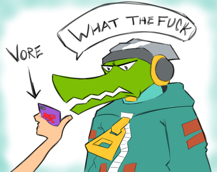 2018 ambiguous_gender anthro candymech cellphone clothing crocodile crocodilian crocodylid disembodied_hand disgust duo english_text green_body green_skin holding_cellphone holding_object holding_phone humor jacket latch lethal_league male phone reaction_image reptile scalie simple_background speech_bubble text topwear white_background zipper