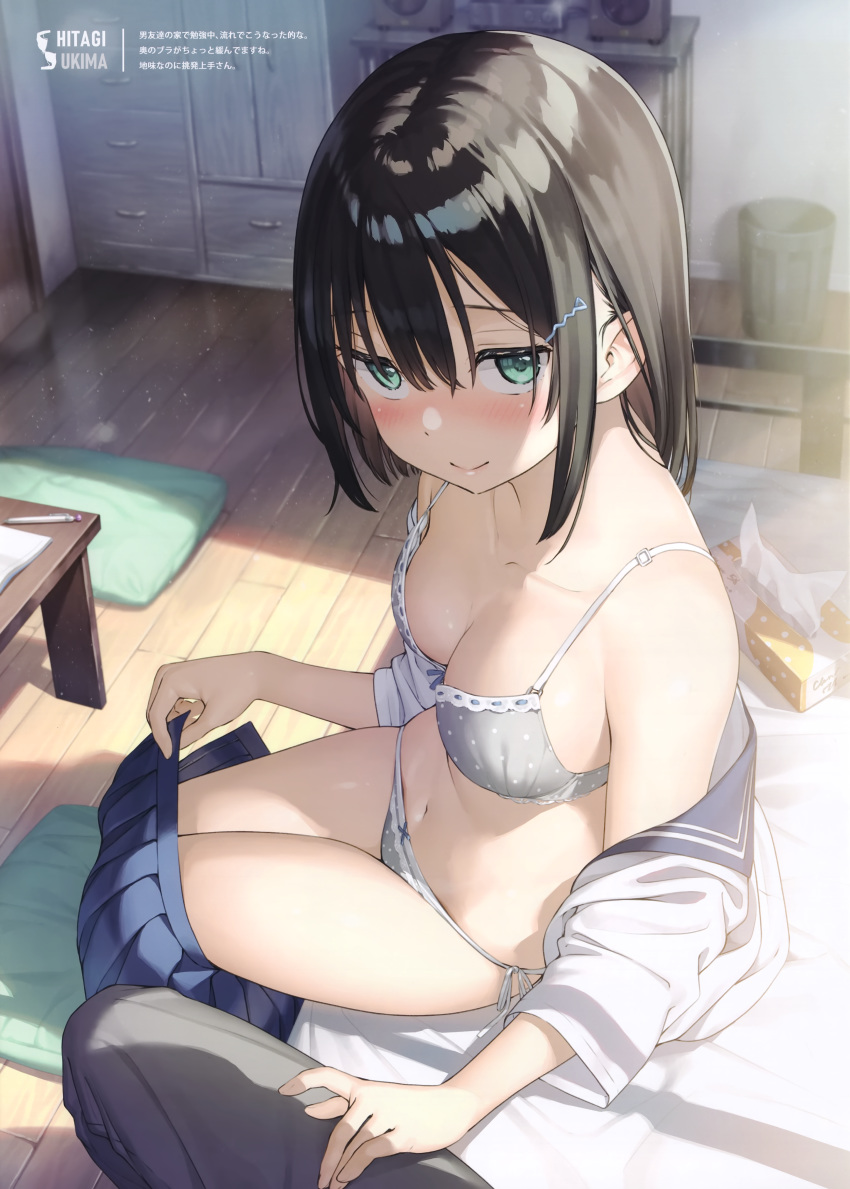 1boy 1girl absurdres bangs bare_shoulders blue_sailor_collar blue_skirt blush bow bow_bra bow_panties bra breasts brown_hair cleavage closed_mouth collarbone eyebrows_behind_hair green_eyes grey_bra grey_panties hair_between_eyes hair_ornament hairclip hand_on_another's_thigh highres huge_filesize indoors kantoku lace lace-trimmed_bra lace-trimmed_panties looking_at_viewer medium_breasts medium_hair navel on_bed open_clothes open_shirt open_skirt original panties pleated_skirt polka_dot polka_dot_bra polka_dot_panties pov sailor_collar scan school_uniform serafuku short_sleeves sitting sitting_on_bed skirt smile tissue_box underwear undressing