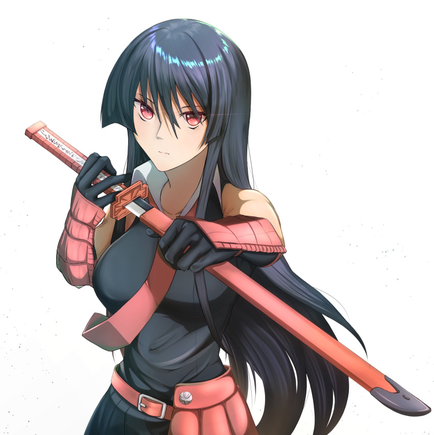 1girl absurdres akame akame_ga_kill! bangs black_hair black_shirt black_skirt breasts closed_mouth collarbone floating_hair frown hair_between_eyes highres holding holding_sheath holding_sword holding_weapon long_hair medium_breasts najendasan pleated_skirt red_eyes sheath shiny shiny_hair shirt simple_background skirt sleeveless sleeveless_shirt solo standing sword unsheathing very_long_hair weapon white_background