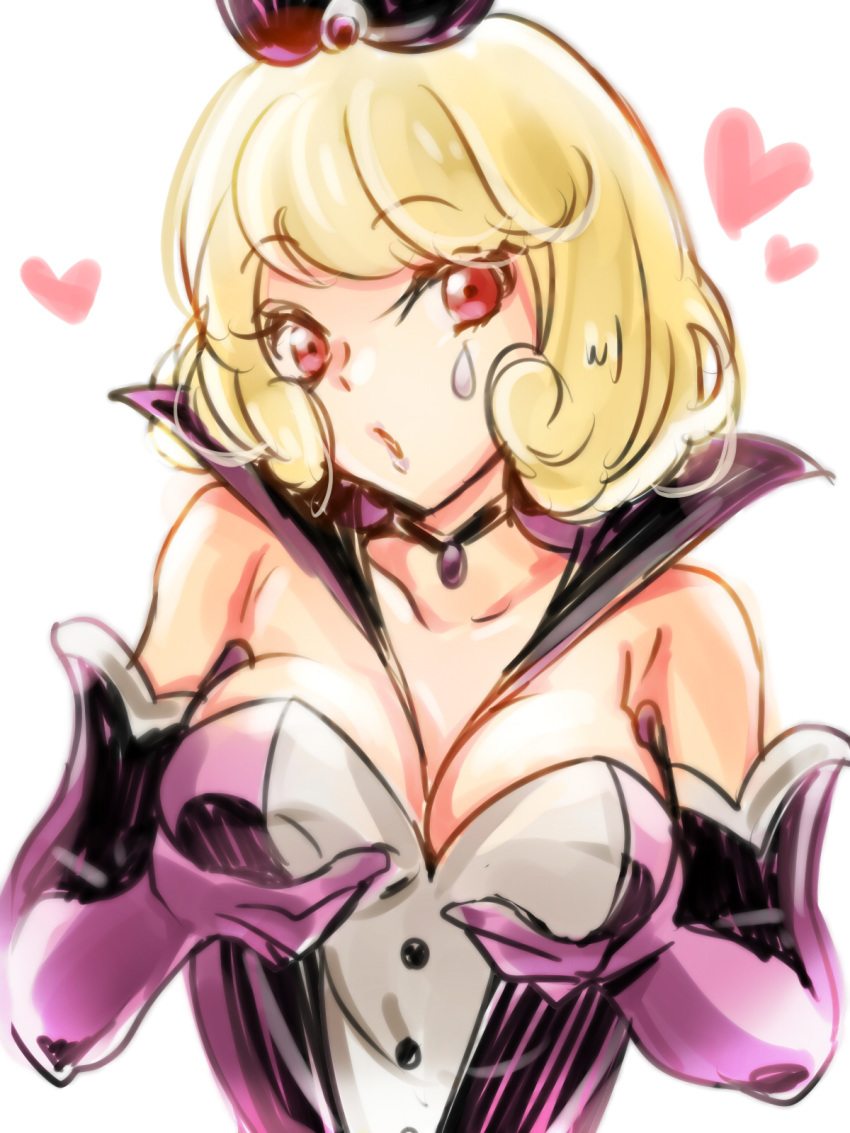 1girl bangs black_choker blonde_hair breasts choker cleavage collarbone elbow_gloves eyebrows_visible_through_hair gloves happinesscharge_precure! heart highres jewelry looking_at_viewer medium_breasts pendant precure purple_gloves queen_mirage red_eyes self_fondle shipu_(gassyumaron) short_hair sketch solo strapless upper_body white_background