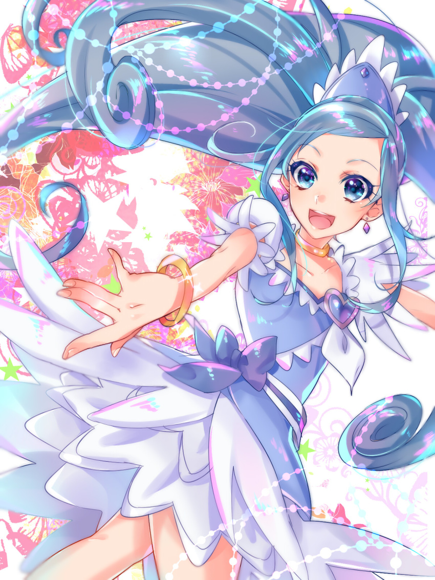 1girl :d bangs blue_eyes blue_hair bracelet collarbone cure_diamond dokidoki!_precure earrings floating_hair highres jewelry layered_skirt long_hair looking_at_viewer miniskirt open_mouth parted_bangs ponytail precure shiny shiny_hair shipu_(gassyumaron) short_sleeves skirt smile solo very_long_hair white_skirt