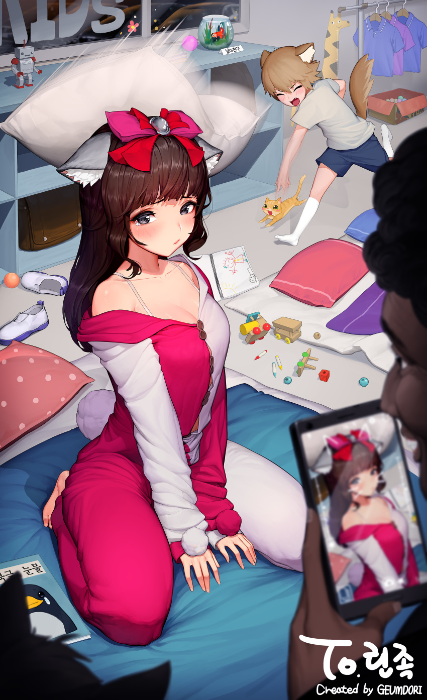 1girl 2boys absurdres animal_ears bangs barefoot black_eyes blush bow breasts cat cellphone cleavage closed_eyes collarbone commission dark_skin fishbowl geumdori hair_bow highres kneeling large_breasts multiple_boys open_mouth original phone pillow red_bow smartphone smile taking_picture toy