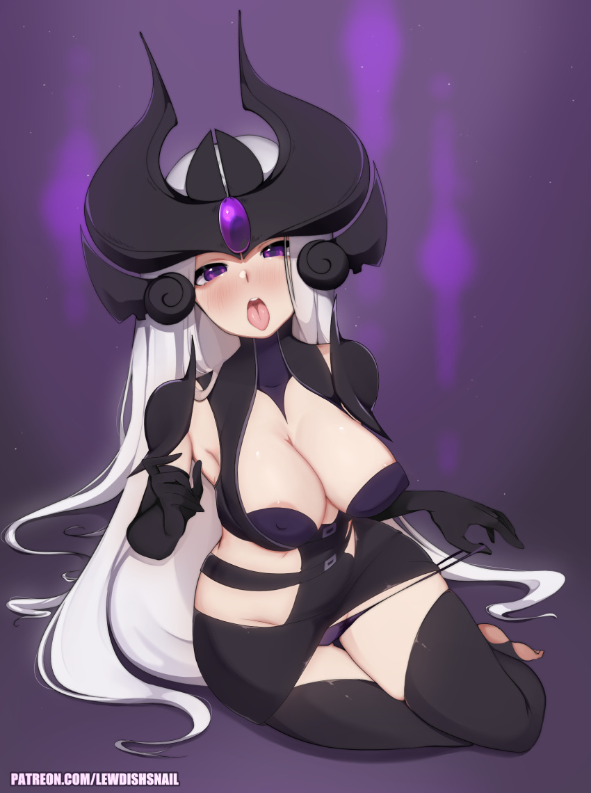 1girl areola_slip areolae bad_source breasts covered_nipples highres league_of_legends lewdishsnail panties panty_pull solo syndra thighhighs tongue tongue_out underwear watermark web_address