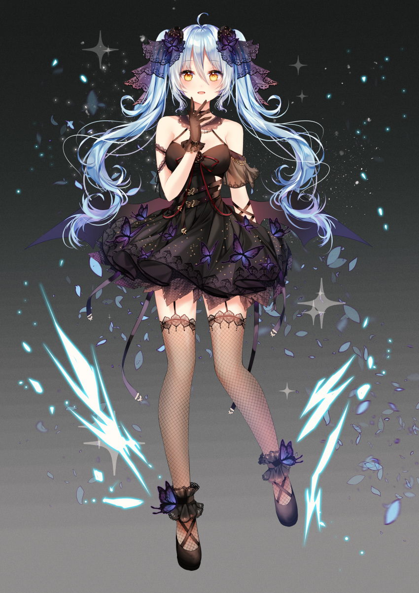 1girl absurdres ahoge ankle_strap arm_at_side bangs black_dress black_footwear black_gloves blue_hair blush bug butterfly commentary_request dark_background demon_wings dress fishnet_legwear fishnets full_body garter_straps gloves gothic_lolita hair_between_eyes hair_ornament hand_up highres insect king's_raid lolita_fashion long_hair looking_at_viewer neck_ribbon open_mouth petals print_dress red_neckwear ribbon sidelocks single_sleeve solo sonia_(king's_raid) sparkle strap taya_5323203 thighhighs wings yellow_eyes