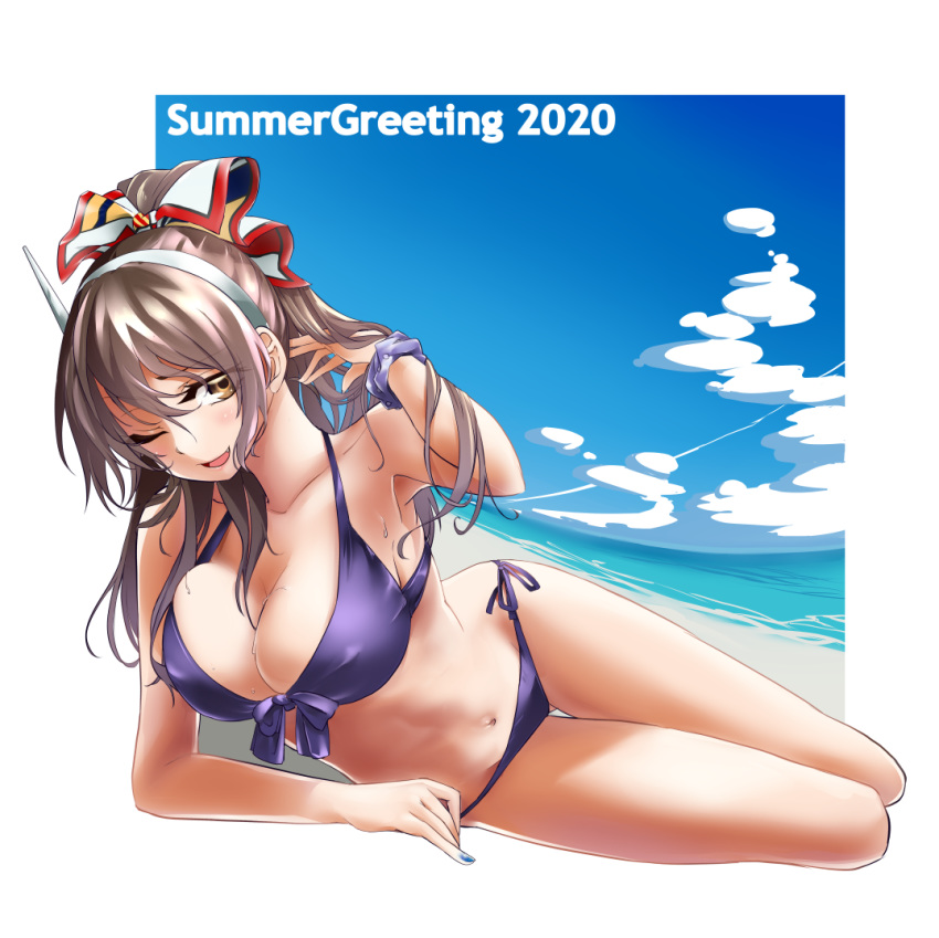 1girl ashigara_(kantai_collection) ass_visible_through_thighs bare_arms bare_legs bare_shoulders beach bikini blue_sky breasts brown_eyes brown_hair cleavage cloud commentary_request eyebrows_visible_through_hair fang hairband halterneck kantai_collection long_hair looking_at_viewer lying nail_polish navel ocean on_side one_eye_closed open_mouth ponytail purple_bikini side-tie_bikini sky smile solo string_bikini swimsuit thigh_gap uzuki_kosuke white_background yellow_eyes