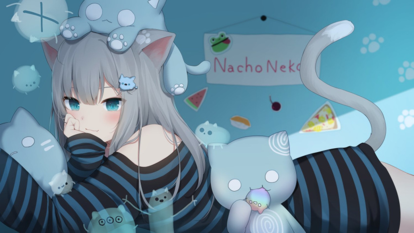 1girl amashiro_natsuki animal_ears bangs bare_shoulders blue_background blue_eyes blush cat_ears cat_girl cat_tail character_name closed_mouth commentary_request drawn_whiskers eyebrows_behind_hair fang fang_out grey_hair hair_between_eyes hair_ornament hand_up long_hair long_sleeves looking_at_viewer lying nacho_(amashiro_natsuki) off-shoulder_shirt off_shoulder on_stomach original shirt sleeves_past_wrists smile solo striped striped_shirt stuffed_animal stuffed_cat stuffed_toy tail tail_raised upper_body